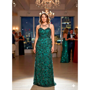 Vtg Silk Alyce Designs Maxi Green Velvet Beaded Sequin evening formal Glam Sz-10